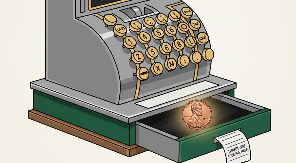 Old cash register with a 1973 penny highlighted