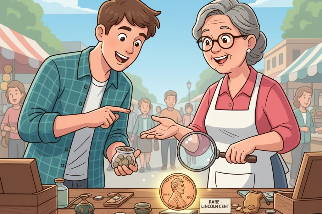 Market stall where a 1973 penny attracts buyer interest