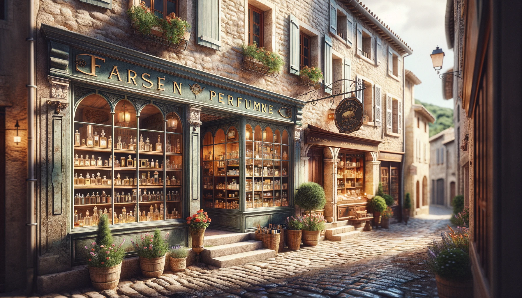 a quaint street in Grasse, the perfume capital of the world, lined with traditional stone buildings and boutique shops specializing in perfumes.