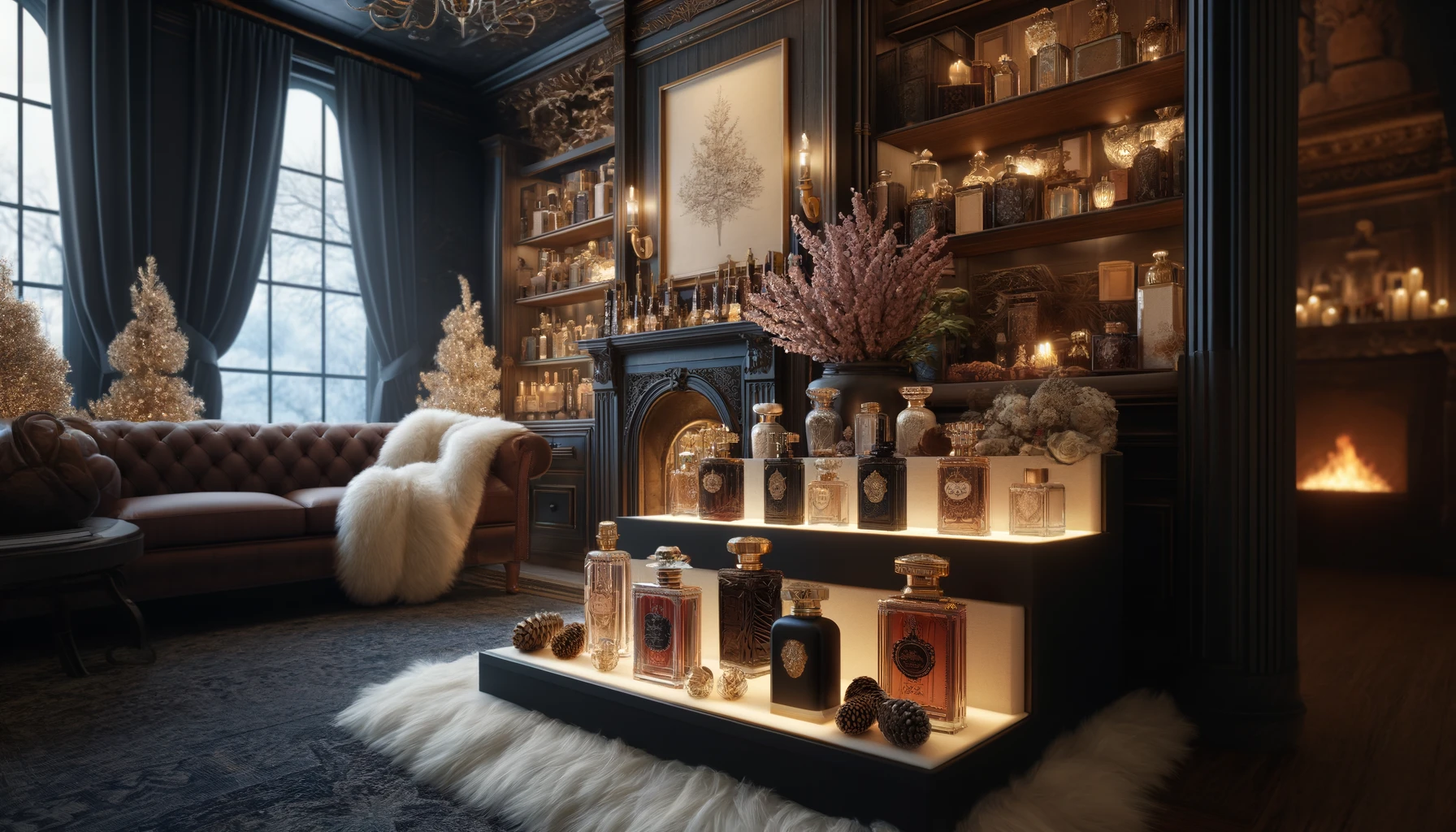 a cozy winter perfume display in a luxurious boutique, with rich, deep fragrances presented in a warm, opulently designed setting.