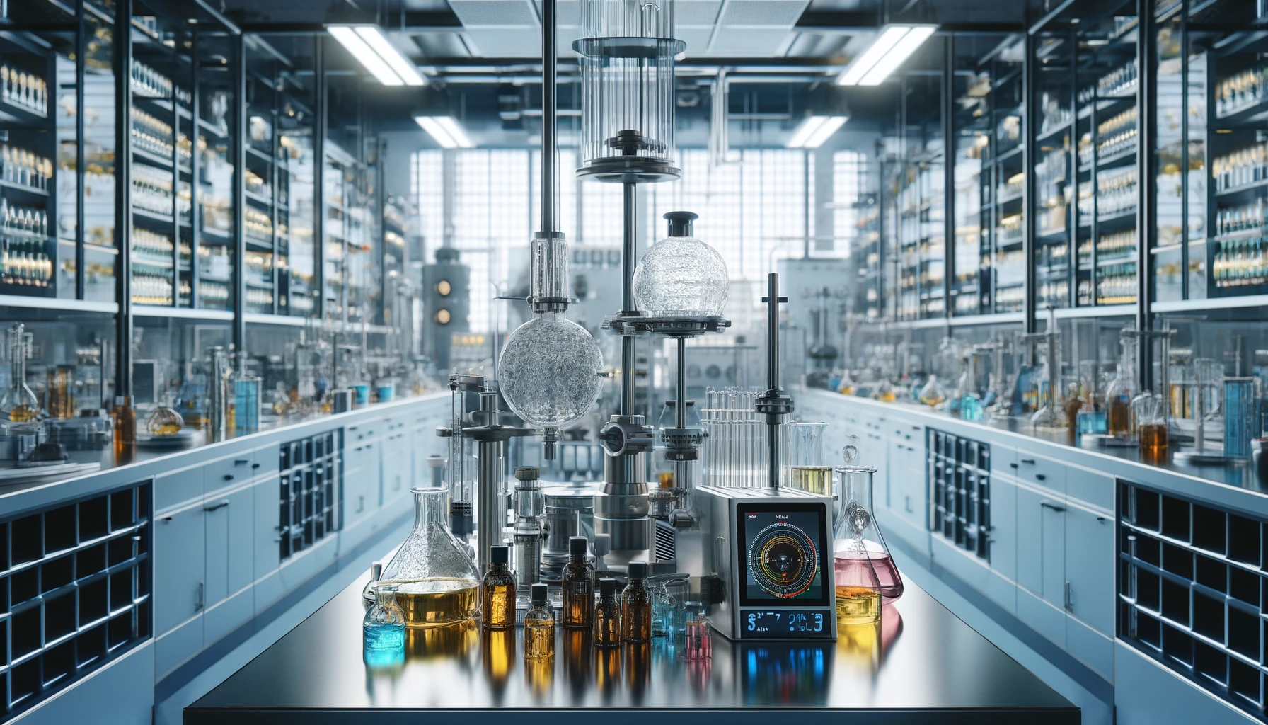 a modern perfume laboratory with glass beakers, flasks filled with various colored liquids, and high-tech equipment.