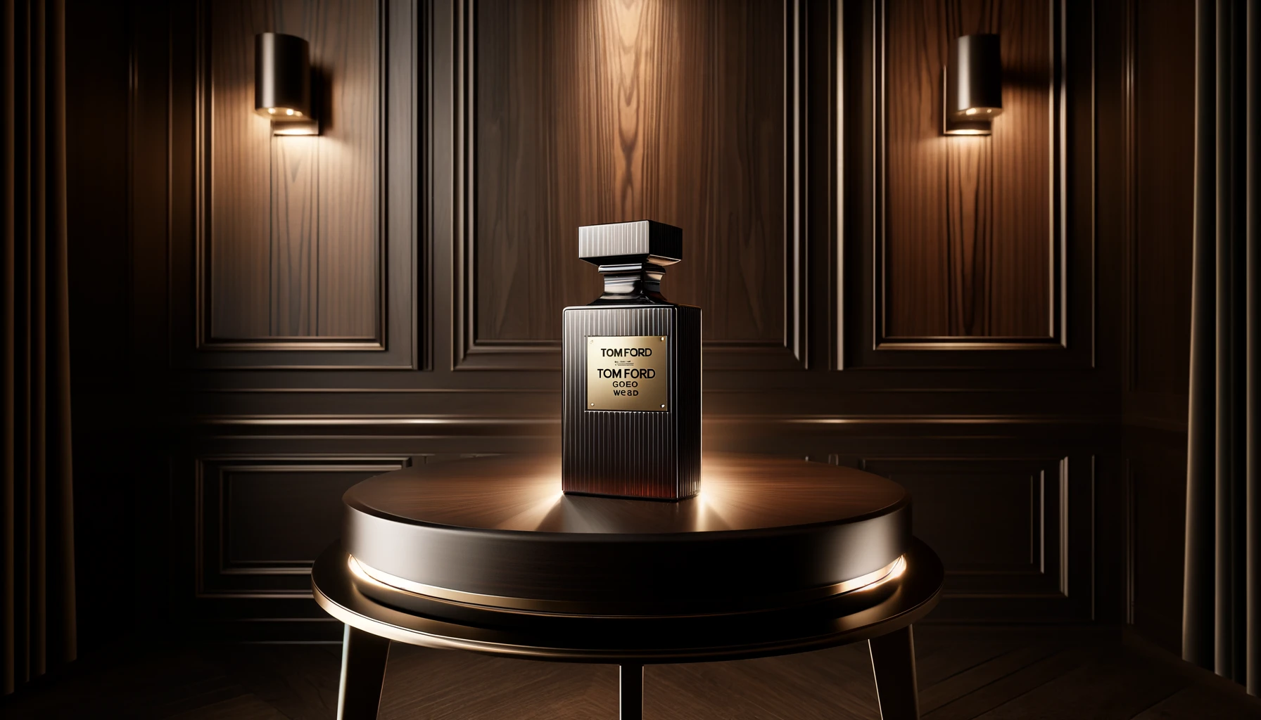 the modern Tom Ford Oud Wood perfume, presented on a rich wooden table against a backdrop of dark wood paneling.