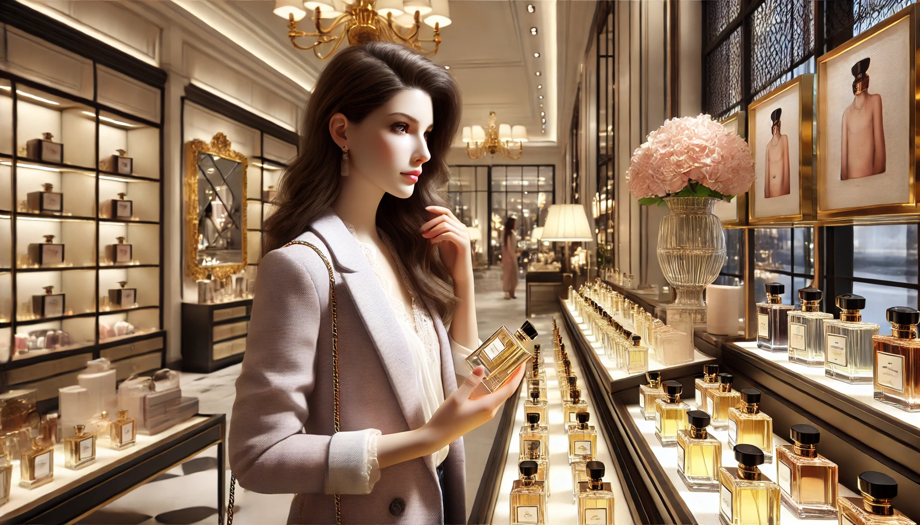 A young lady in a stylish outfit is thoughtfully selecting a perfume in a well-lit store, surrounded by neatly arranged shelves of various fragrance bottles.