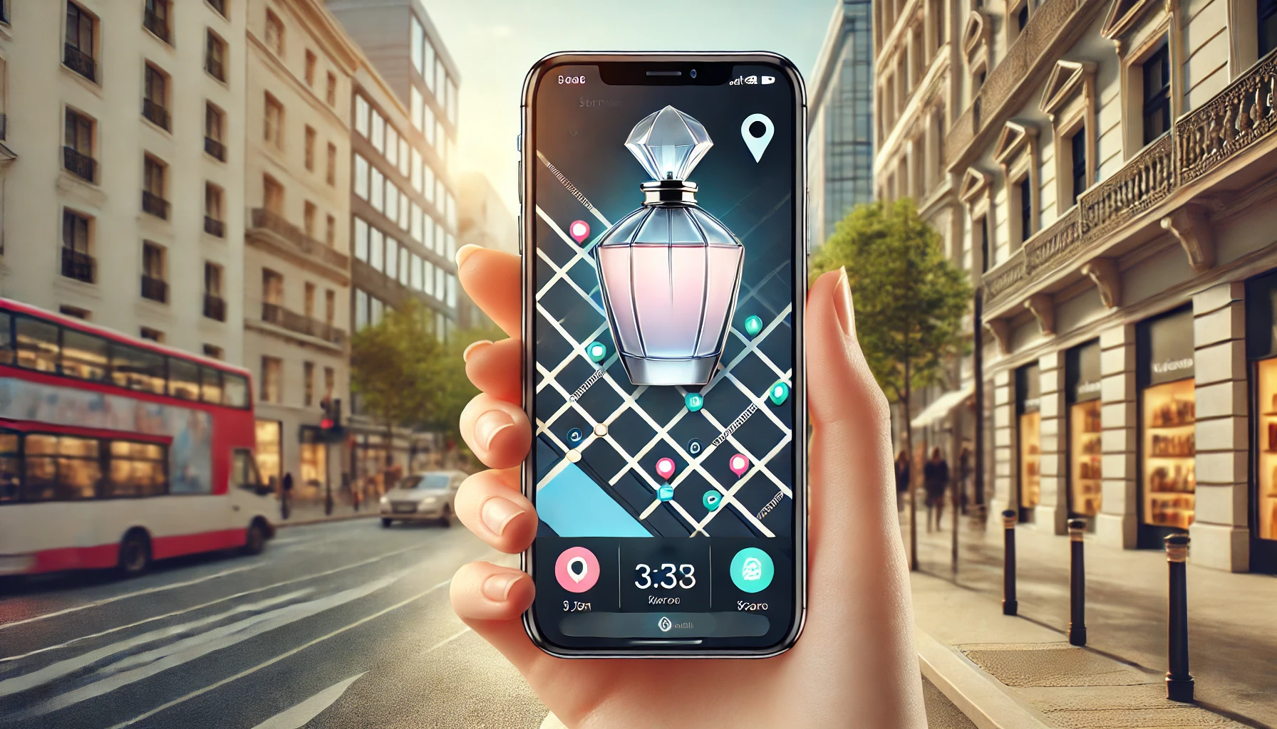 A location-tracking app for a perfume hunt displayed on a smartphone screen, showing a detailed map with routes and store markers, held by a hand against an urban cityscape backdrop.