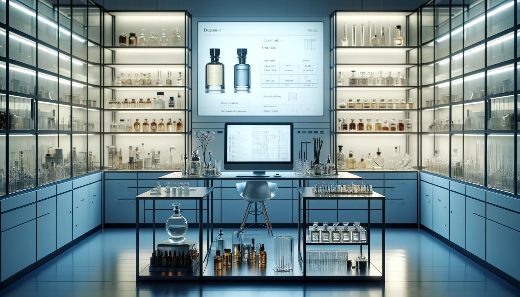 a modern perfume laboratory, featuring sleek glass equipment, bottles of various fragrances, and a sophisticated workstation. 