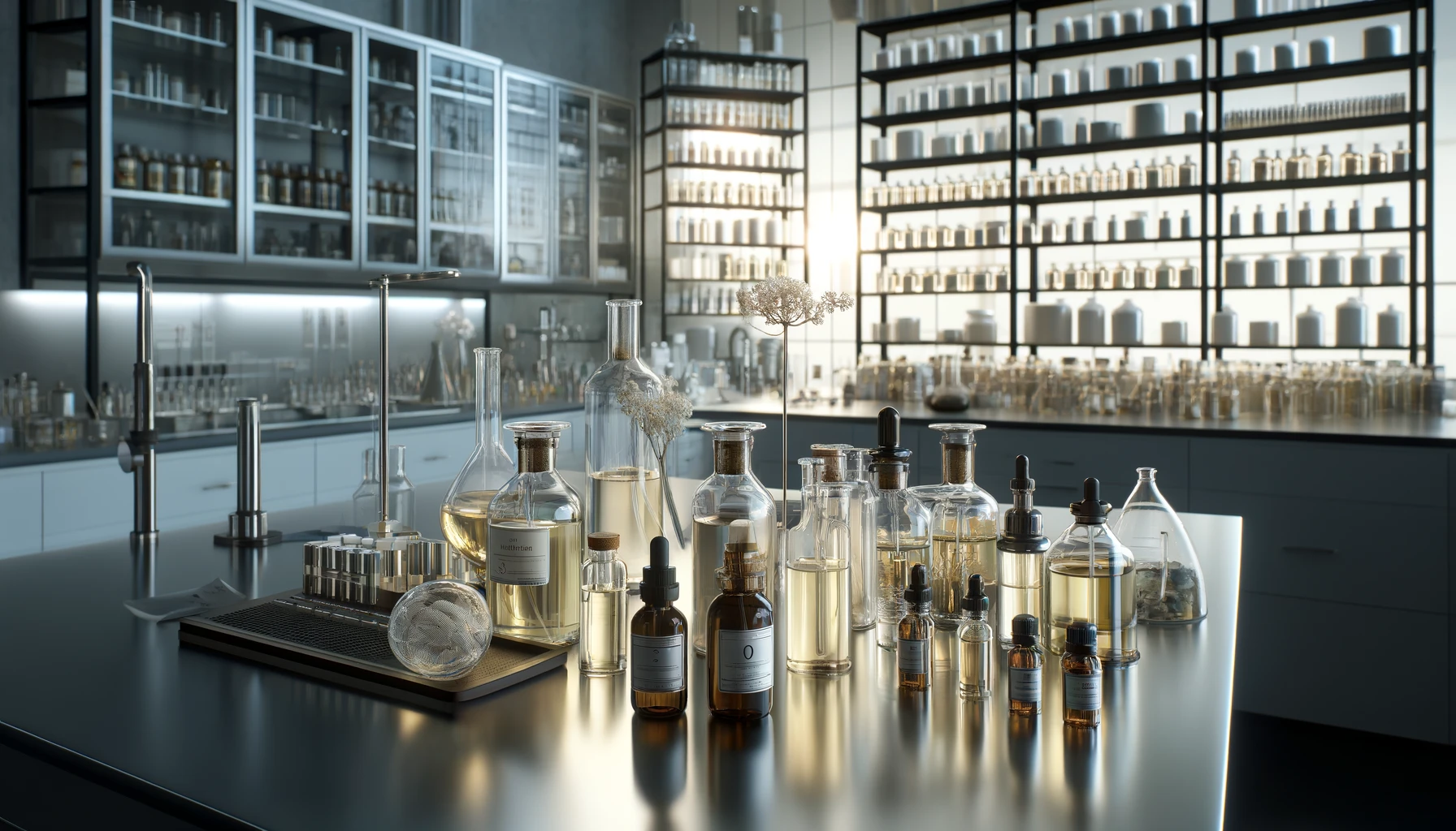a perfume laboratory with various fragrances in glass bottles, beakers, and vials on a sleek countertop.