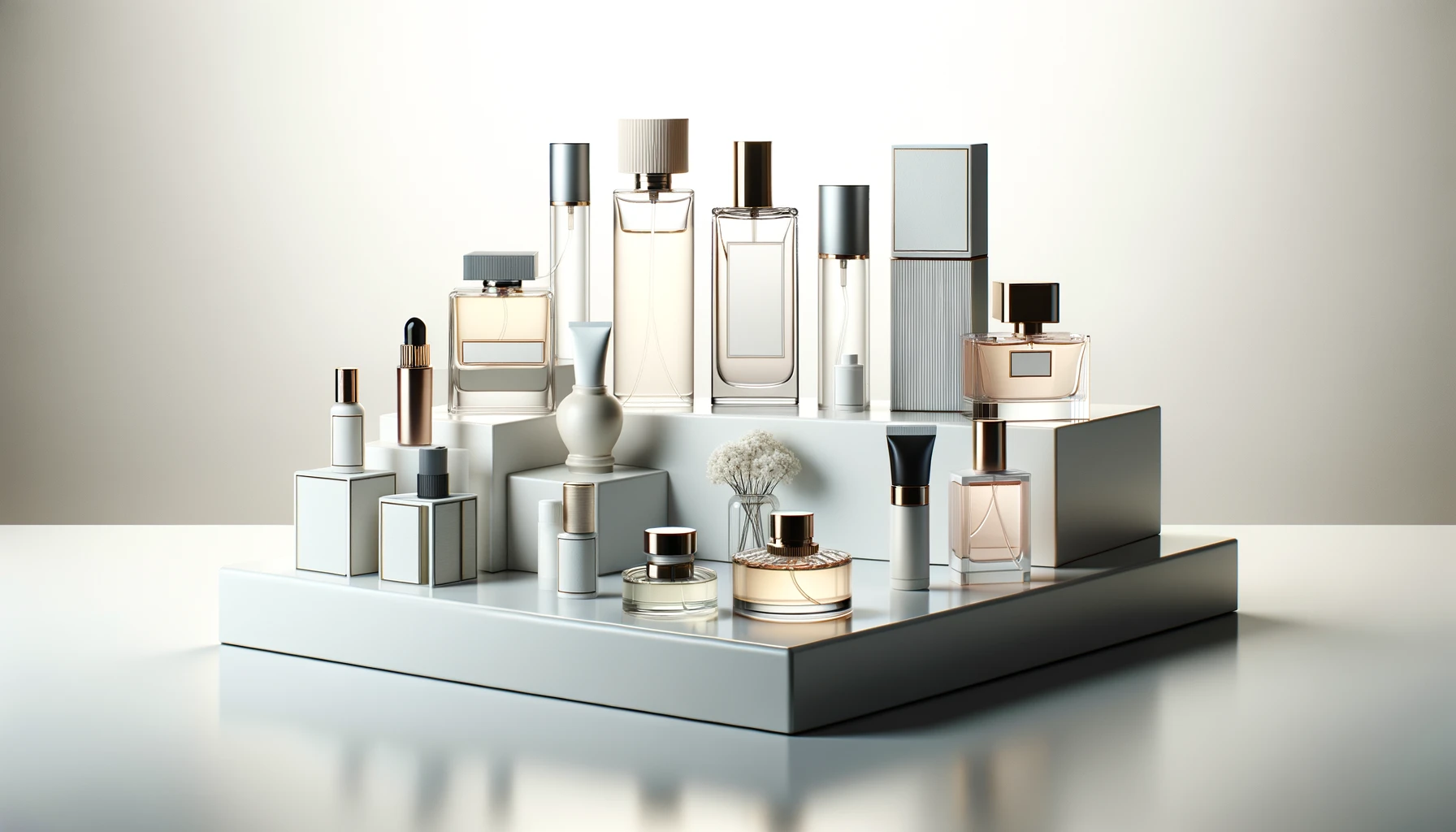 a modern, minimalist perfume display with various fragrance bottles, scented oils, and lotions.