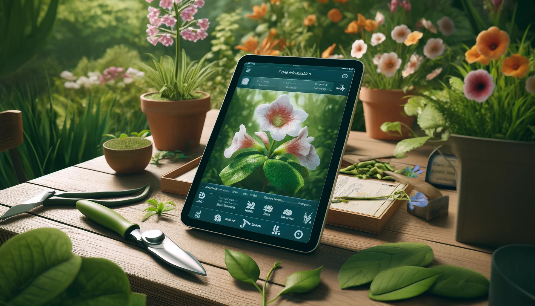 a tablet with a plant identification app open, displaying information about a specific flower.