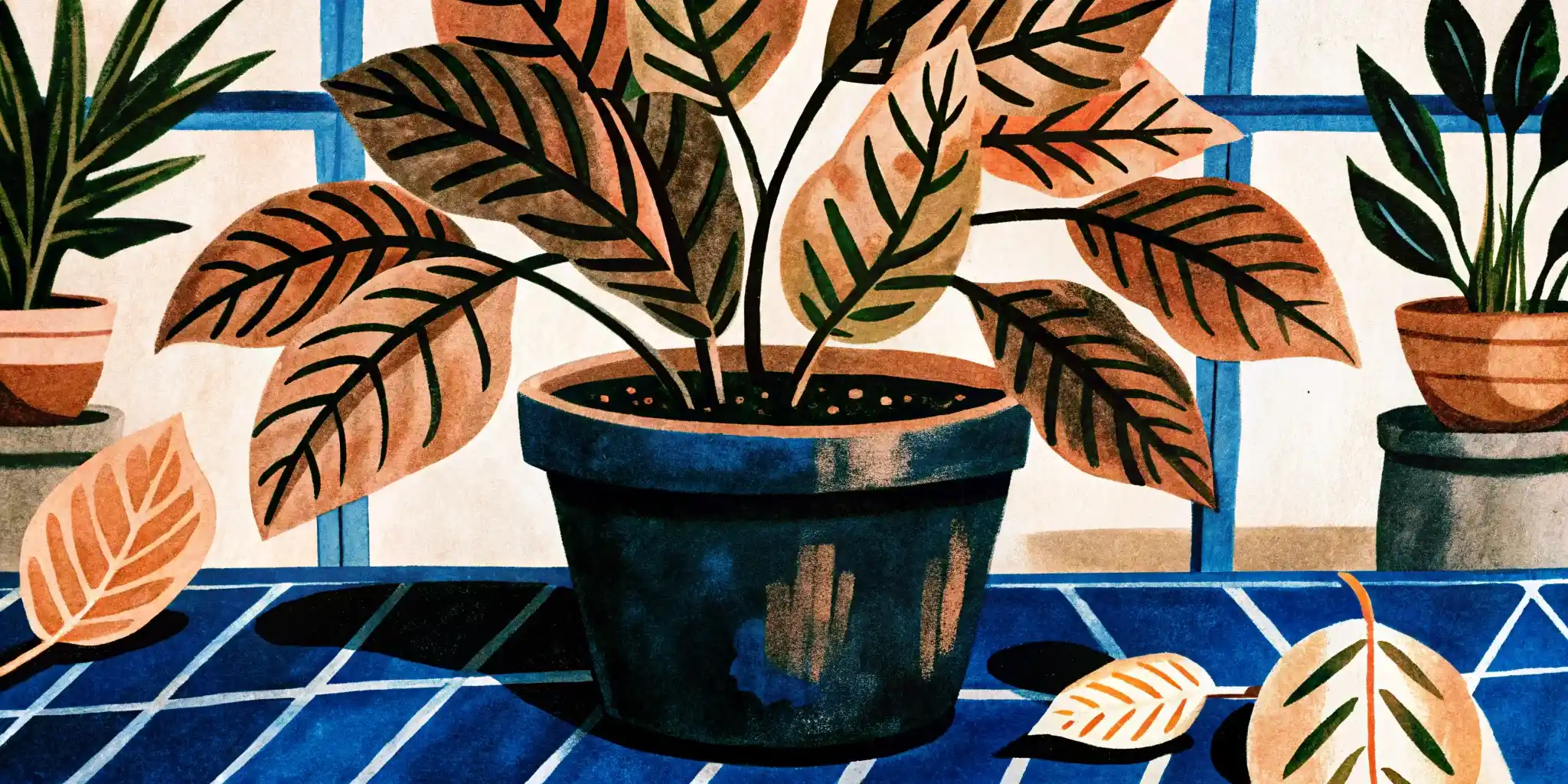a potted plant with brown, dry leaves