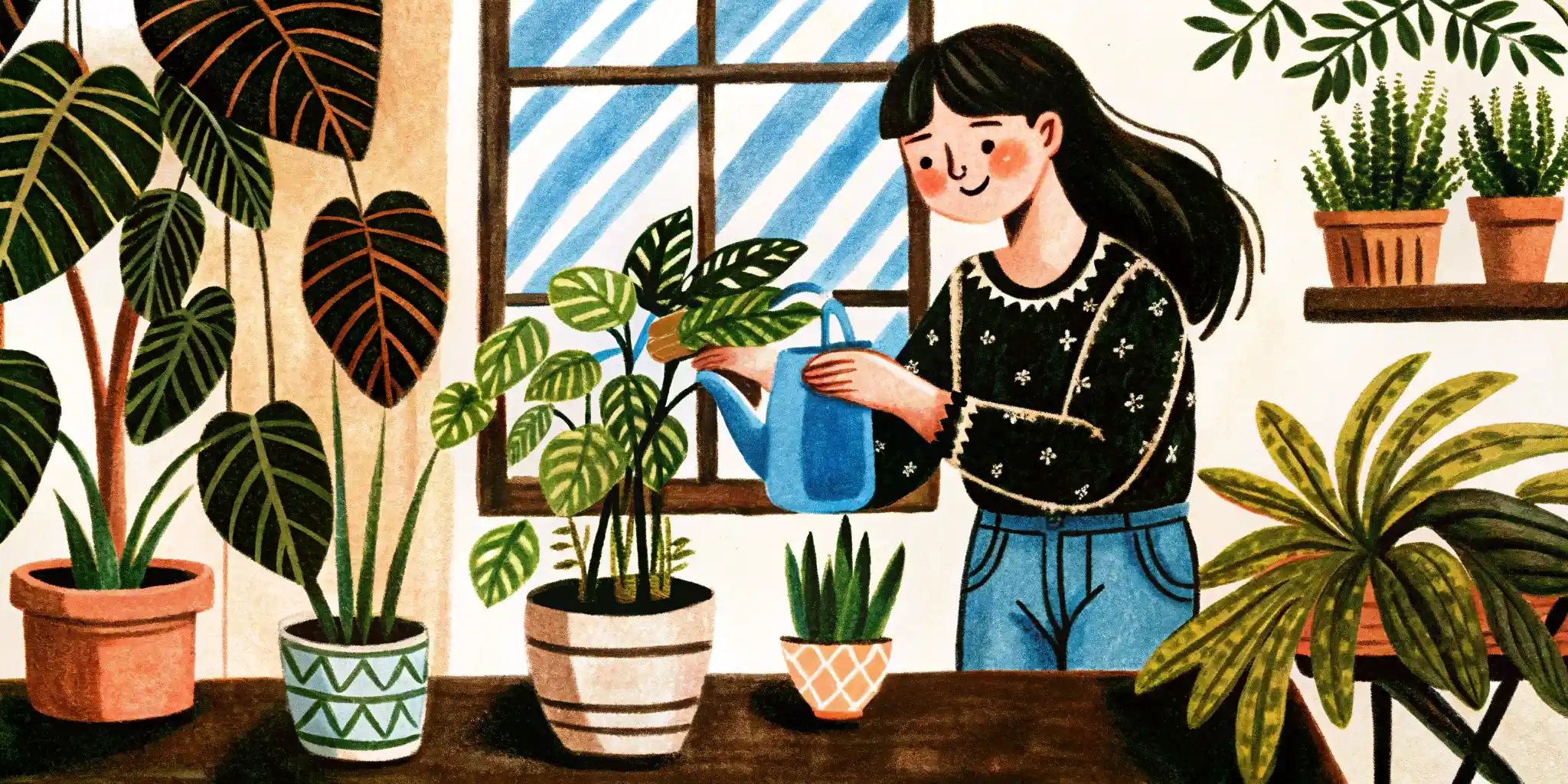 a woman waters a houseplant