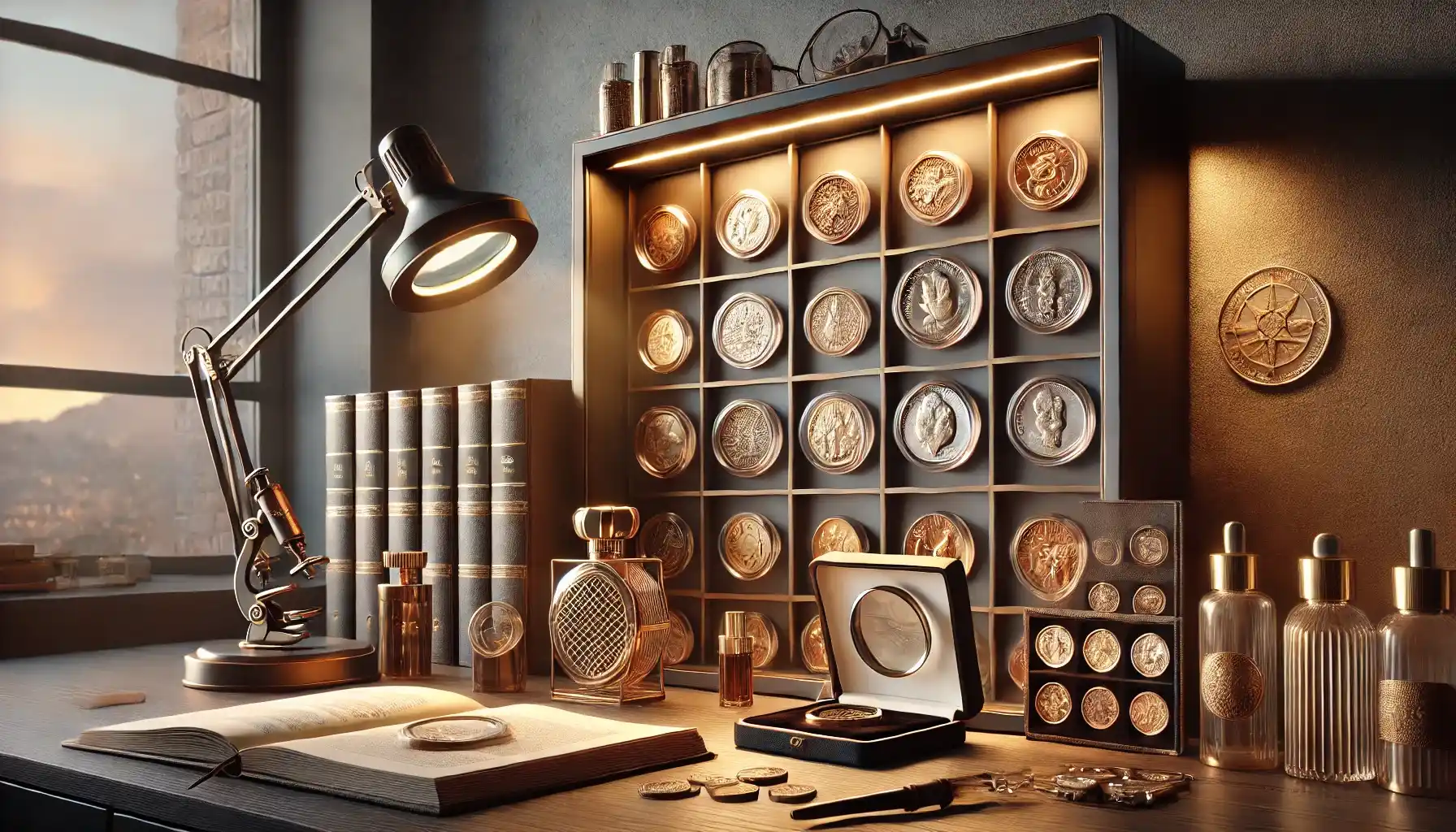 a modern coin collector's workspace with a neo-brutalist style, featuring a detailed arrangement of rare coins, vintage books, a magnifying glass, and a perfume bottle with an artistic design.
