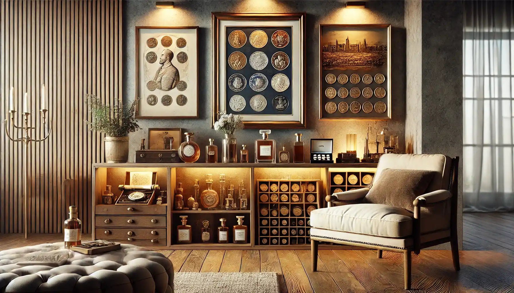 a cozy interior space featuring a coin collector's personal shelf. The shelf is adorned with rare coin sets, framed historical coin art, and a collection of exquisite perfumes.