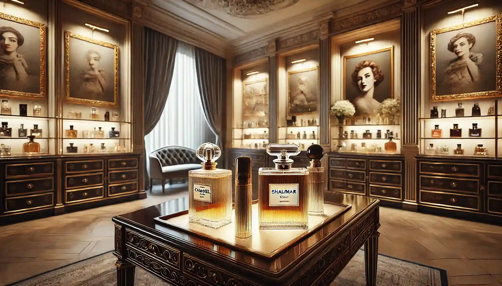 a luxurious perfume display featuring iconic fragrances like Chanel No. 5 and Shalimar by Guerlain.