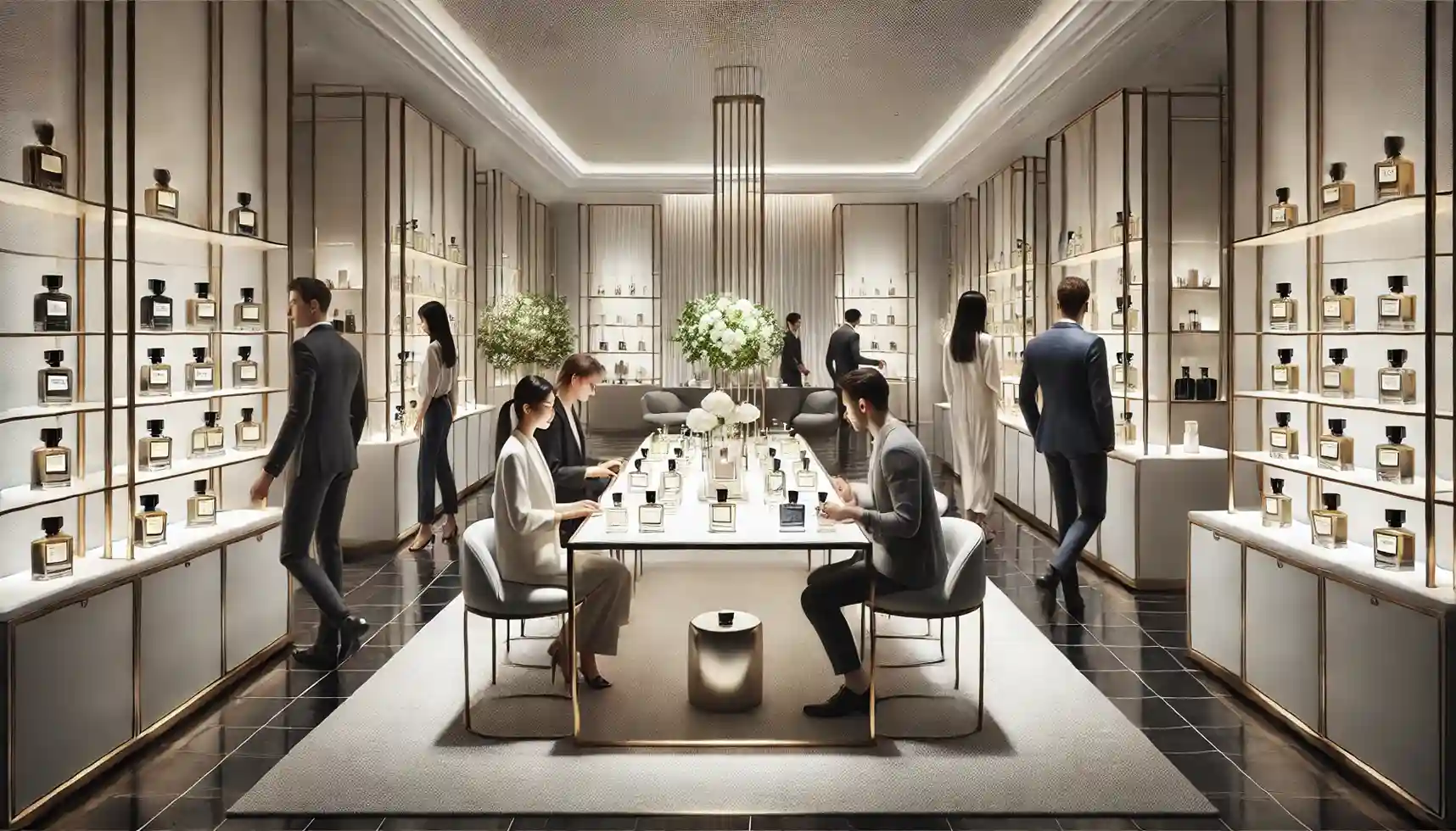 a sophisticated perfume testing area in a luxury boutique.