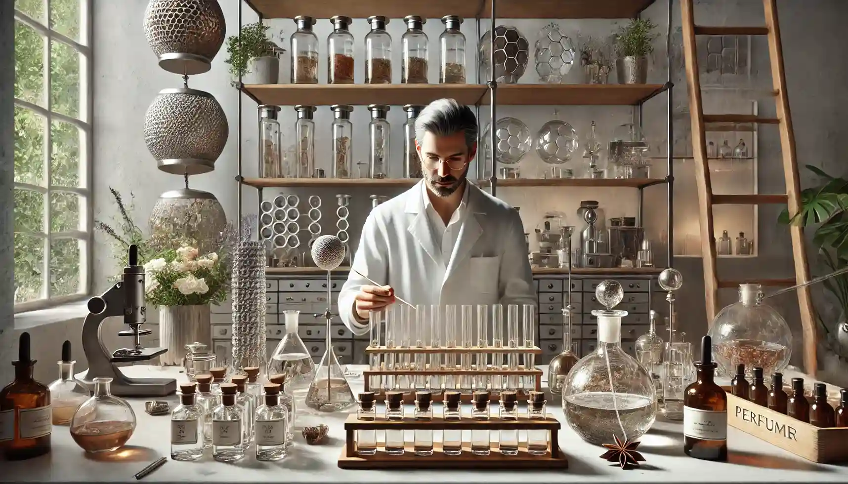 a luxury perfume laboratory, where a perfumer is meticulously blending fragrances among various vials and distillation equipment.