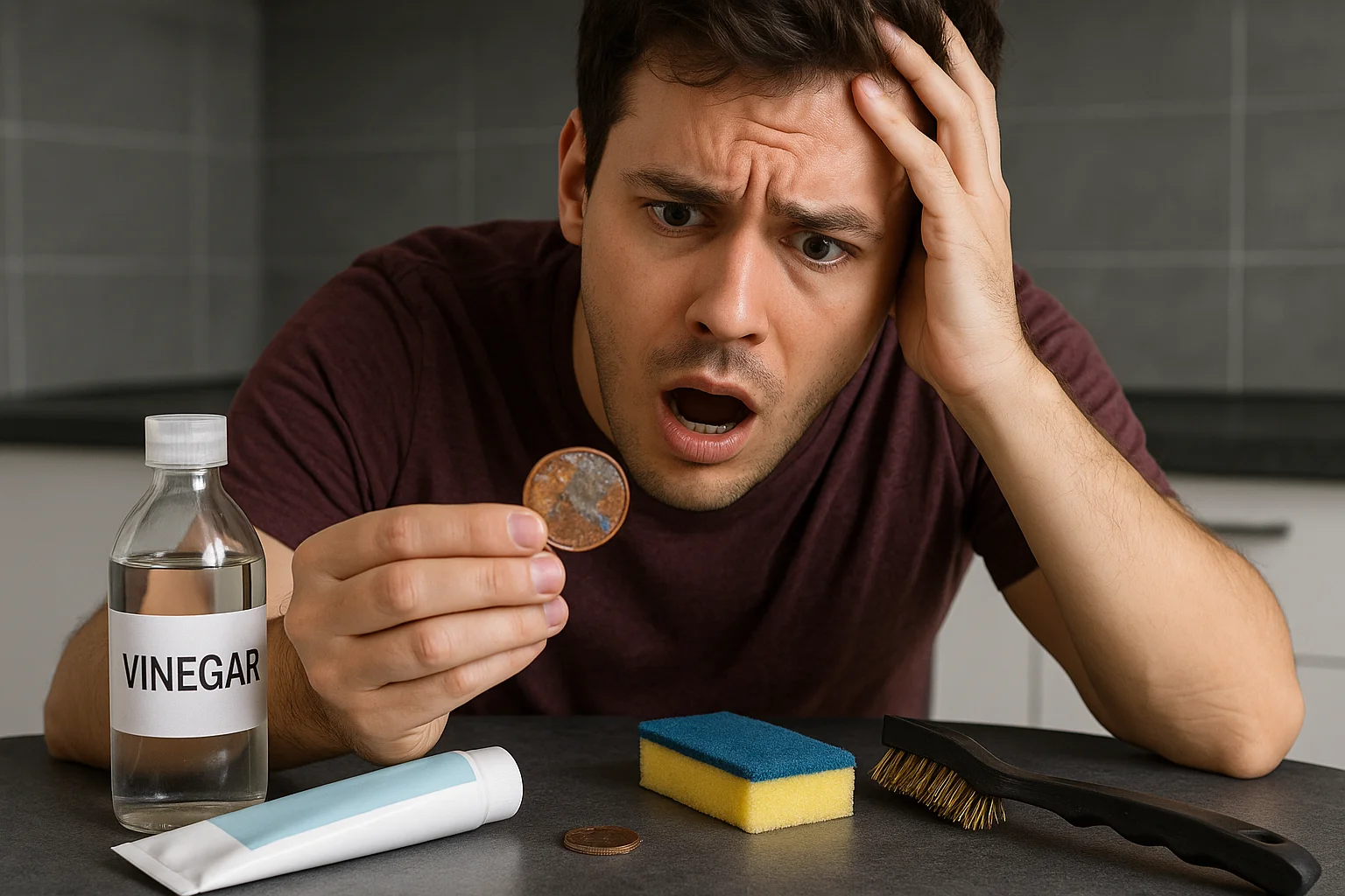 A young man realizes his mistake after using harsh household items that damaged a once-promising coin.