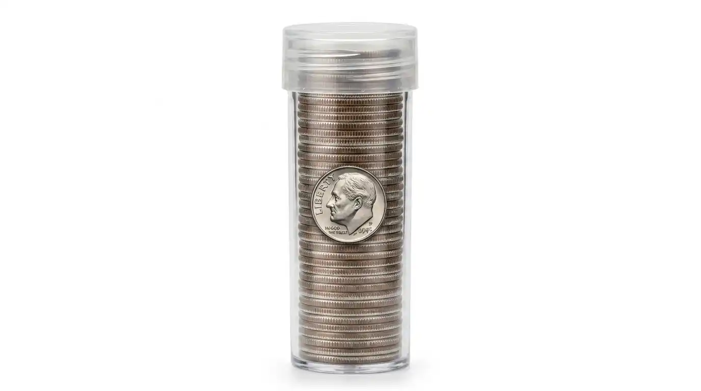 Close-up of a transparent coin tube filled with Roosevelt dimes